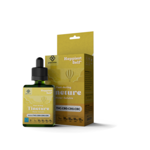 Bottle of Water-Based Tincture Happiest Self 1:1:1:1 THC:CBD:CBG:CBC